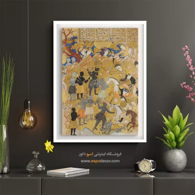 تابلو مینیاتور با رنگ طلایی - پیکار اسکندر با لشگر زنگبار – تابلو نقاشی ایرانی - اسپو دکور