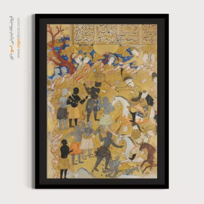 تابلو مینیاتور با رنگ طلایی - پیکار اسکندر با لشگر زنگبار – تابلو نقاشی ایرانی - اسپو دکور