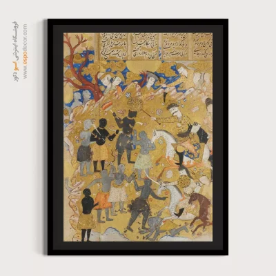 تابلو مینیاتور با رنگ طلایی - پیکار اسکندر با لشگر زنگبار – تابلو نقاشی ایرانی - اسپو دکور