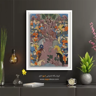 تابلو هنری مینیاتور سنتی - جنگ گشتاسب و ارجاسب – تابلو نقاشی ایرانی - اسپو دکور