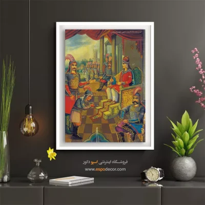 خرید اینترنتی تابلو مدرن - آوردن سام سوار زال زر را بحضور شاهنشاه ایران – تابلو نقاشی ایرانی - اسپو دکور