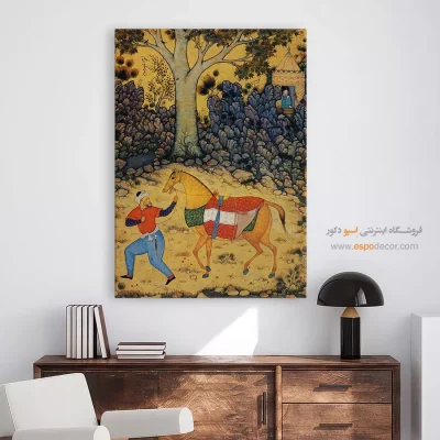 تابلو نقاشی ایرانی با طرح معماری سنتی - داماد و اسب – تابلو نقاشی ایرانی - اسپو دکور