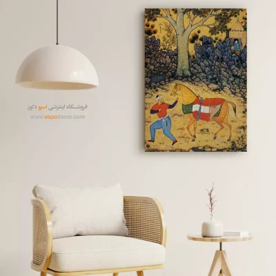 تابلو نقاشی ایرانی با طرح معماری سنتی - داماد و اسب – تابلو نقاشی ایرانی - اسپو دکور