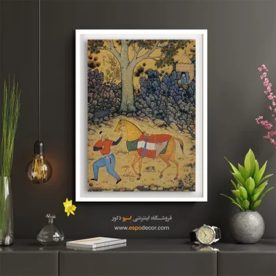 تابلو نقاشی ایرانی با طرح معماری سنتی - داماد و اسب – تابلو نقاشی ایرانی - اسپو دکور