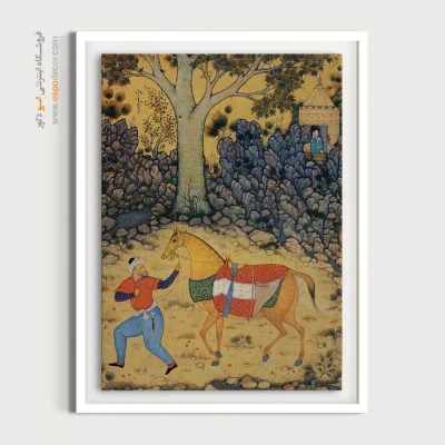 تابلو نقاشی ایرانی با طرح معماری سنتی - داماد و اسب – تابلو نقاشی ایرانی - اسپو دکور