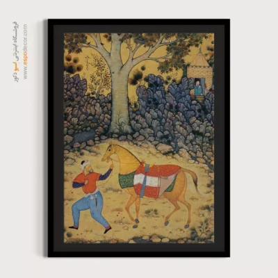 تابلو نقاشی ایرانی با طرح معماری سنتی - داماد و اسب – تابلو نقاشی ایرانی - اسپو دکور