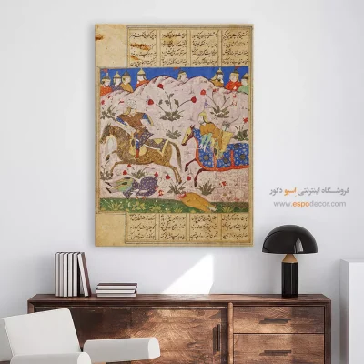خرید تابلو نقاشی مینیاتور ایرانی کلاسیک - رستم در نبرد – تابلو نقاشی ایرانی - اسپو دکور