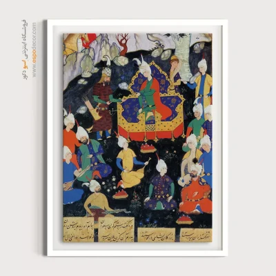 خرید تابلو نقاشی مینیاتور طرح سنتی - کیقباد رستم را در کوه البرز به حضور پذیرفت – تابلو نقاشی ایرانی - اسپو دکور