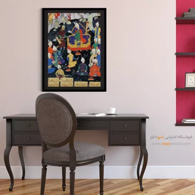 خرید تابلو نقاشی مینیاتور طرح سنتی - کیقباد رستم را در کوه البرز به حضور پذیرفت – تابلو نقاشی ایرانی - اسپو دکور