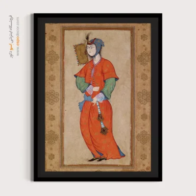 خرید تابلو هنری مینیاتور زیبا - بانوی جوان با بادبزن – تابلو نقاشی ایرانی - اسپو دکور