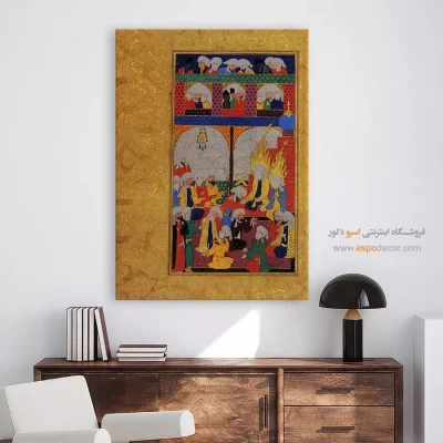 نقاشی مینیاتور روی بوم - داستانهایی از فضایل امام علی – تابلو نقاشی ایرانی - اسپو دکور