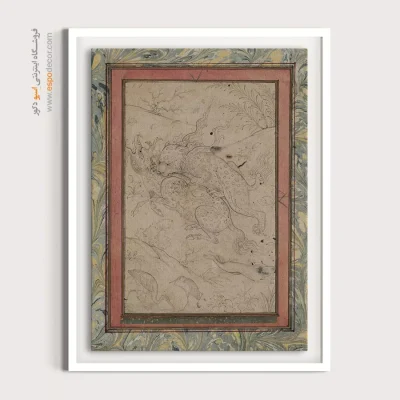 نگارگری ایرانی - یک شیر در حال پریدن روی کیلین – تابلو نقاشی ایرانی - اسپو دکور