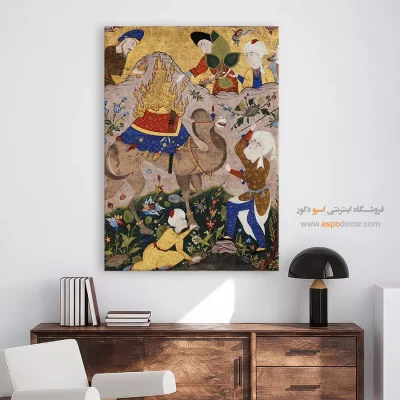 تابلو هنر سنتی زیبا - کافران خشمگین به شتر الهی حمله میکنند – تابلو نقاشی ایرانی - اسپو دکور