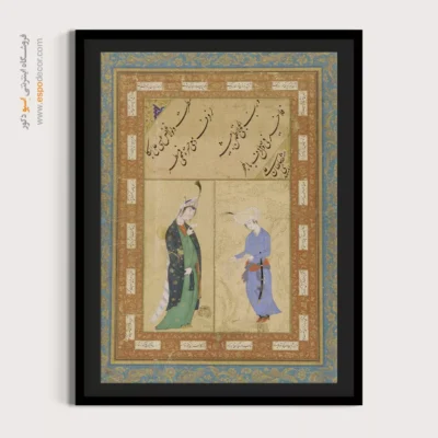 خرید تابلو هنری نقاشی ایرانی - جوان آبی پوش و بانو با پیاله – تابلو نقاشی ایرانی - اسپو دکور