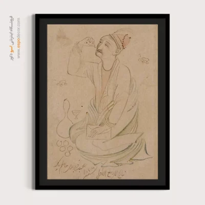 خرید نقاشی قدیمی ایرانی - مردی نشسته با دفتر، جام و میوه – تابلو نقاشی ایرانی - اسپو دکور