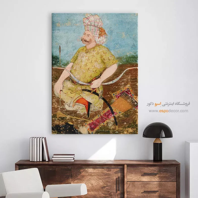 مرد بلندپایه با کمان نشسته بر زمین - تابلو نقاشی ایرانی - Image 3