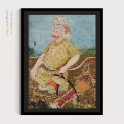 خرید نقاشی مینیاتور - مرد بلندپایه با کمان نشسته بر زمین – تابلو نقاشی ایرانی - اسپو دکور