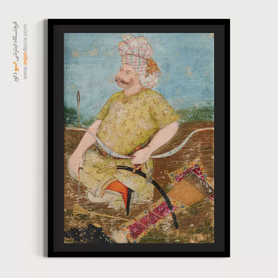 خرید نقاشی مینیاتور - مرد بلندپایه با کمان نشسته بر زمین – تابلو نقاشی ایرانی - اسپو دکور