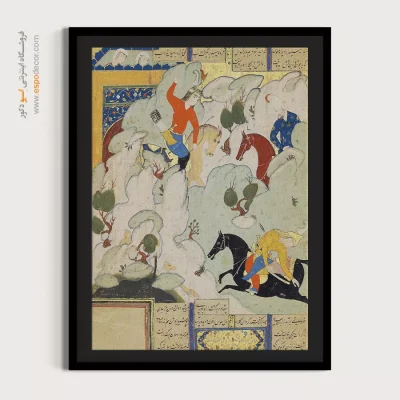 خرید تابلو نقاشی با سبک نگارگری - نبرد بین طوس و فرود – تابلو نقاشی ایرانی - اسپو دکور