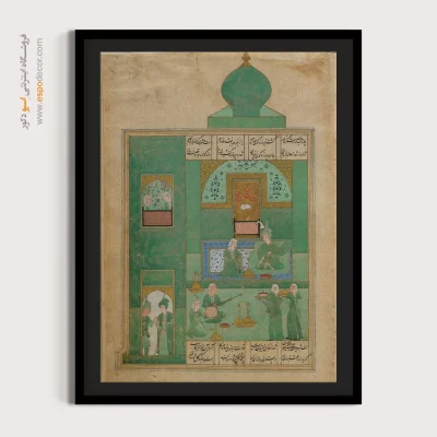 تابلو نقاشی با تم رنگ سبز - نشستن بهرام روز دوشنبه در گنبد سبز – تابلو نقاشی ایرانی - اسپو دکور