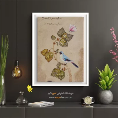 خرید تابلو نقاشی از پرنده - پرنده و شاخه فندق – تابلو نقاشی ایرانی - اسپو دکور