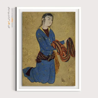 خرید تابلو نقاشی سنتی برای اتاق - جوان با دستاری رنگارگ در دست – تابلو نقاشی ایرانی - اسپو دکور