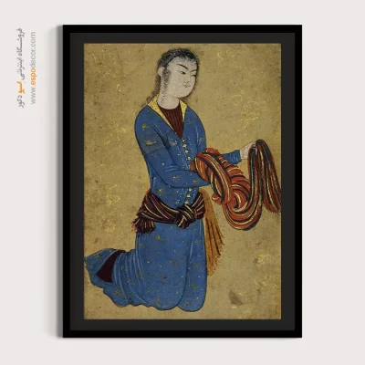 خرید تابلو نقاشی سنتی برای اتاق - جوان با دستاری رنگارگ در دست – تابلو نقاشی ایرانی - اسپو دکور