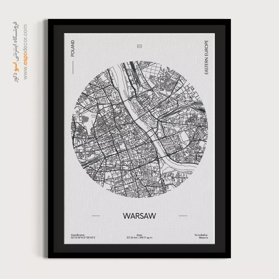 تابلو نقشه ورشو - ورشو – تابلو نقشه شهرهای جهان - اسپو دکور