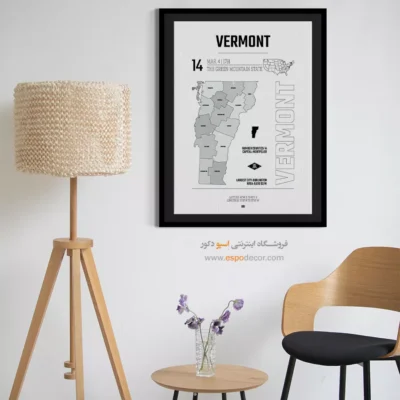 تابلو نقشه مینیمال ورمونت - ورمونت – تابلو نقشه شهرهای جهان - اسپو دکور