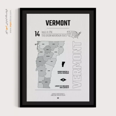تابلو نقشه مینیمال ورمونت - ورمونت – تابلو نقشه شهرهای جهان - اسپو دکور