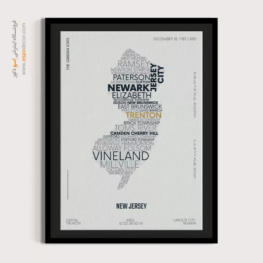 تابلو نقشه با طراحی یونیک - new jersey state – تابلو نقشه شهرهای جهان - اسپو دکور
