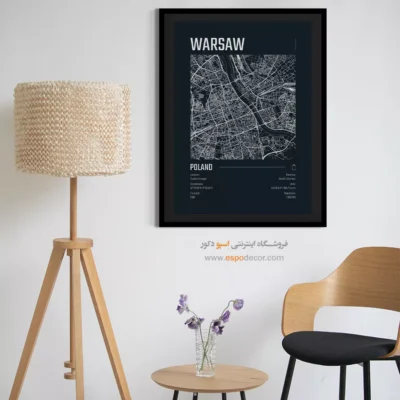 تابلو نقشه ورشو مینیمال برای دفتر کار - ‏warsaw  – تابلو نقشه شهرهای جهان - اسپو دکور