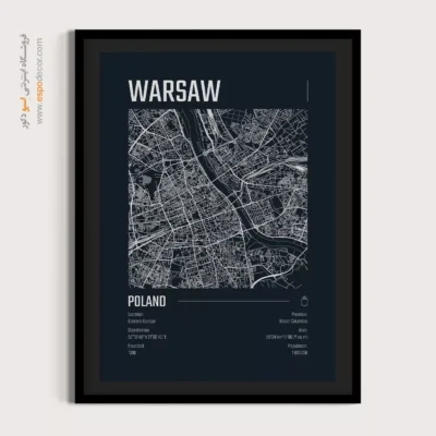 تابلو نقشه ورشو مینیمال برای دفتر کار - ‏warsaw  – تابلو نقشه شهرهای جهان - اسپو دکور