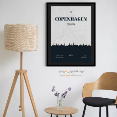 تابلو نقشه سیاه و سفید برای پذیرایی - ‏copenhagen denmark  – تابلو نقشه شهرهای جهان - اسپو دکور