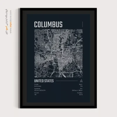 تابلو نقشه سیاه و سفید برای دفتر کار - columbus – تابلو نقشه شهرهای جهان - اسپو دکور