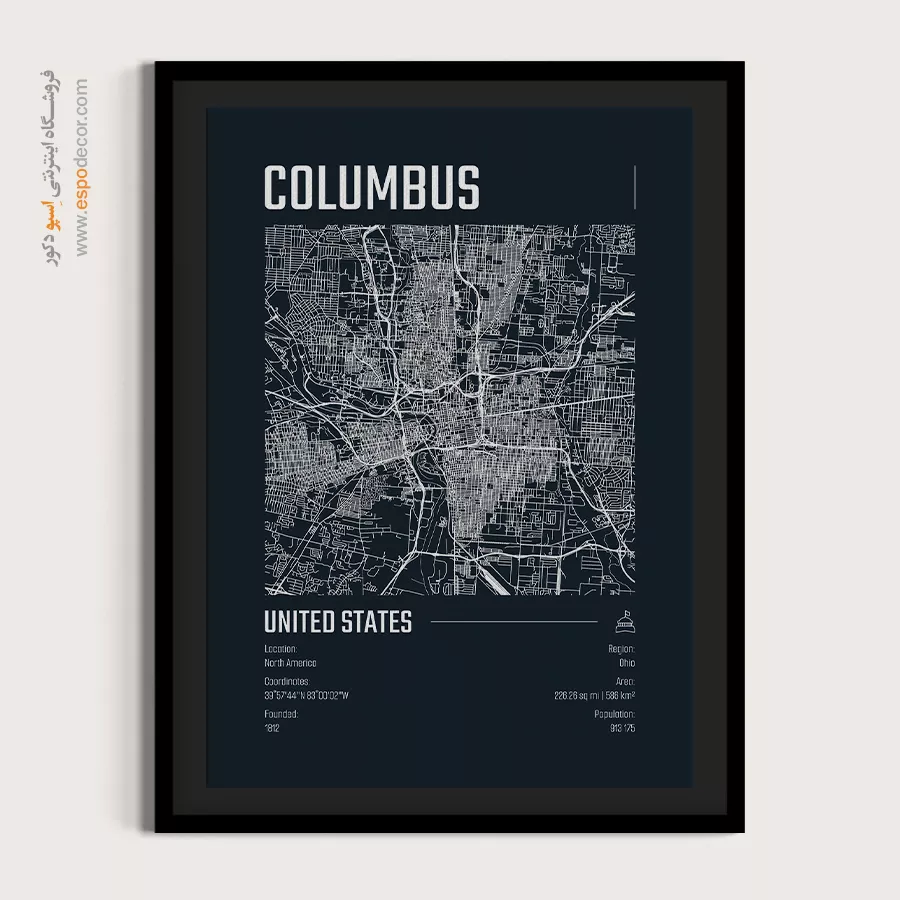 تابلو نقشه سیاه و سفید برای دفتر کار - columbus – تابلو نقشه شهرهای جهان - اسپو دکور