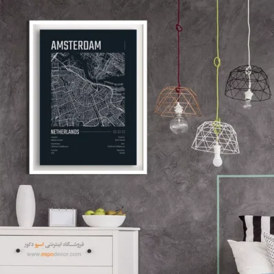 تابلو نقشه مینیمال برای دفتر اداری - ‏amesterdam  – تابلو نقشه شهرهای جهان - اسپو دکور