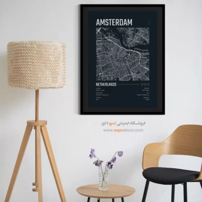 تابلو نقشه مینیمال برای دفتر اداری - ‏amesterdam  – تابلو نقشه شهرهای جهان - اسپو دکور