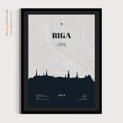 تابلو نقشه سیاه و سفید برای اتاق مطالعه - ‏riga latvia  – تابلو نقشه شهرهای جهان - اسپو دکور