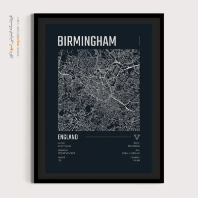 خرید تابلو نقشه مینیمال برای دفتر اداری - ‏birmingham  – تابلو نقشه شهرهای جهان - اسپو دکور