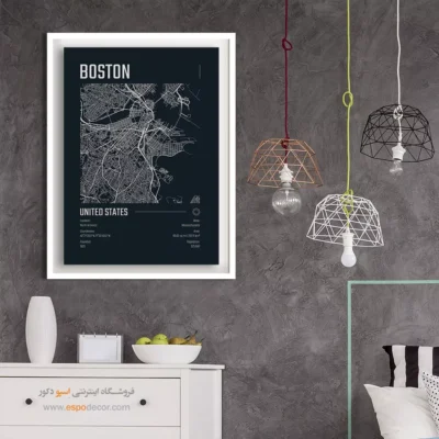 تابلو نقشه سیاه و سفید برای دفتر - ‏boston  – تابلو نقشه شهرهای جهان - اسپو دکور