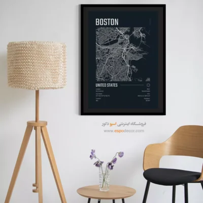 تابلو نقشه سیاه و سفید برای دفتر - ‏boston  – تابلو نقشه شهرهای جهان - اسپو دکور