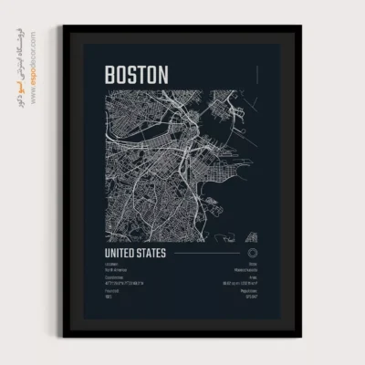 تابلو نقشه سیاه و سفید برای دفتر - ‏boston  – تابلو نقشه شهرهای جهان - اسپو دکور
