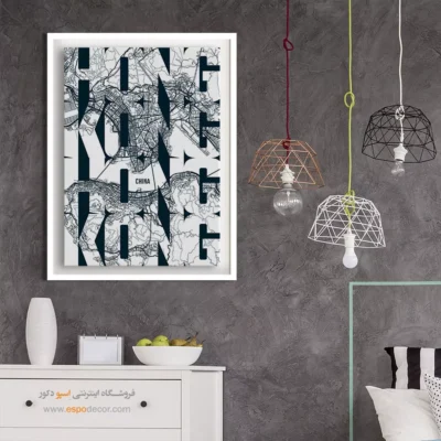 تابلو نقشه هنگ کنگ سیاه و سفید برای اتاق خواب - ‏hong kong  – تابلو نقشه شهرهای جهان - اسپو دکور