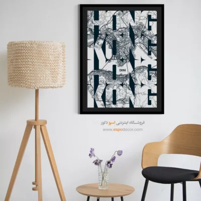 تابلو نقشه هنگ کنگ سیاه و سفید برای اتاق خواب - ‏hong kong  – تابلو نقشه شهرهای جهان - اسپو دکور