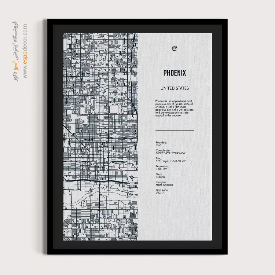 قیمت تابلو نقشه شهر ست 4 تایی - phoenix arizona – تابلو نقشه شهرهای جهان - اسپو دکور