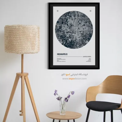 تابلو نقشه دکوراتیو مینیمال برای سالن مطالعه - ‏indianapolis usa  – تابلو نقشه شهرهای جهان - اسپو دکور