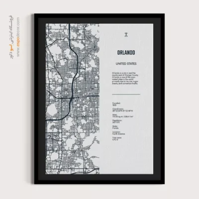 تابلو نقشه دکوراتیو سیاه و سفید برای دفتر کار - ‏orlando florida  – تابلو نقشه شهرهای جهان - اسپو دکور