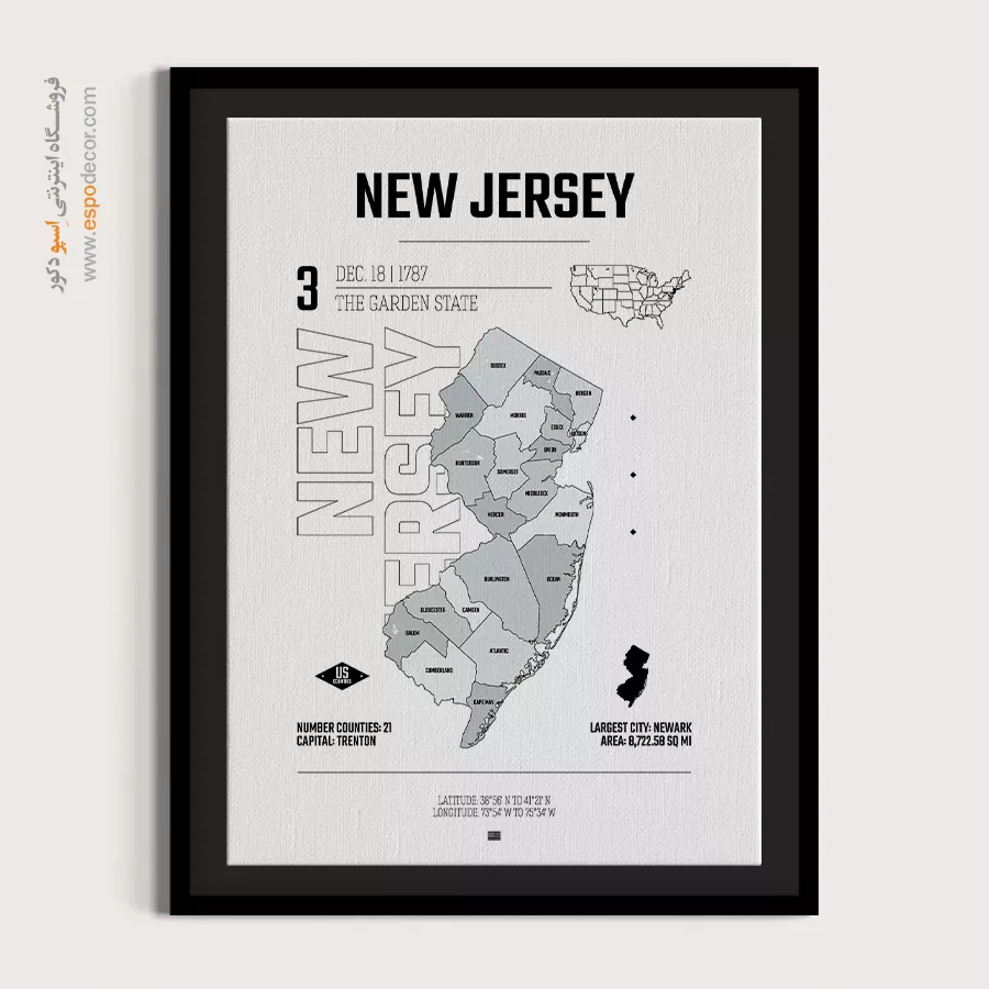 تابلو نقشه مینیمال نیوجرسی - نیوجرسی – تابلو نقشه شهرهای جهان - اسپو دکور