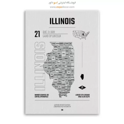 تابلو هنری نقشه ایلینویز - ایلینویز – تابلو نقشه شهرهای جهان - اسپو دکور